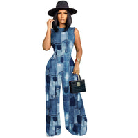 Women's Fashion Pattern Printed Sleeveless Leotard Wide Leg Pants Suit