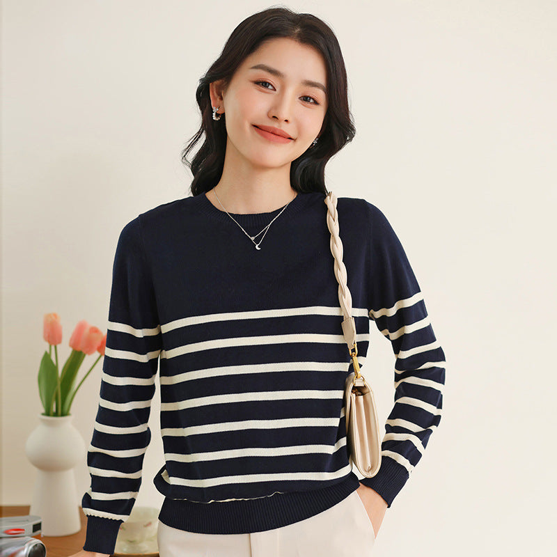 Women's Fashionable Round Neck Striped Cotton Sweater