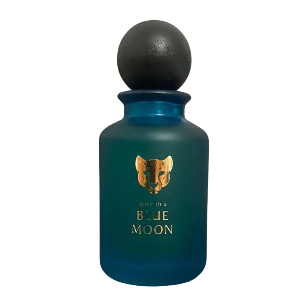 Blue perfume bottle with black cap on a white background