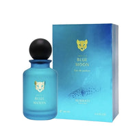 Blue Moon perfume bottle and packaging on a white background