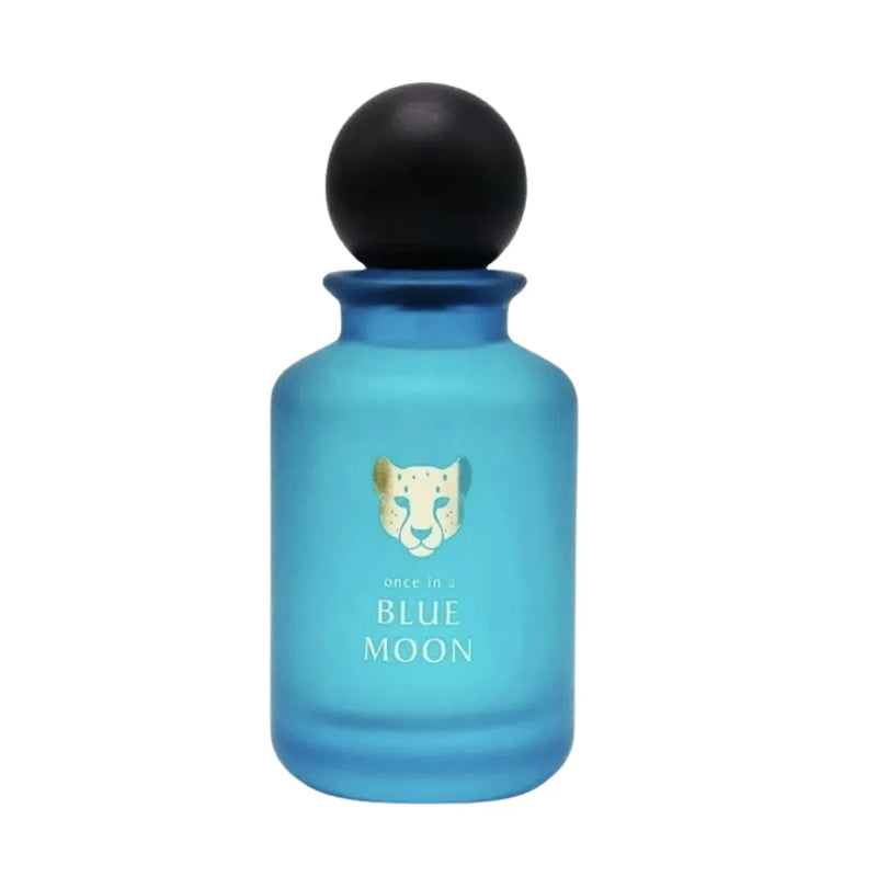Blue perfume bottle with black cap on a white background