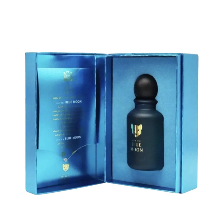 Black perfume bottle with 'Blue Moon' text in a blue box on a white background