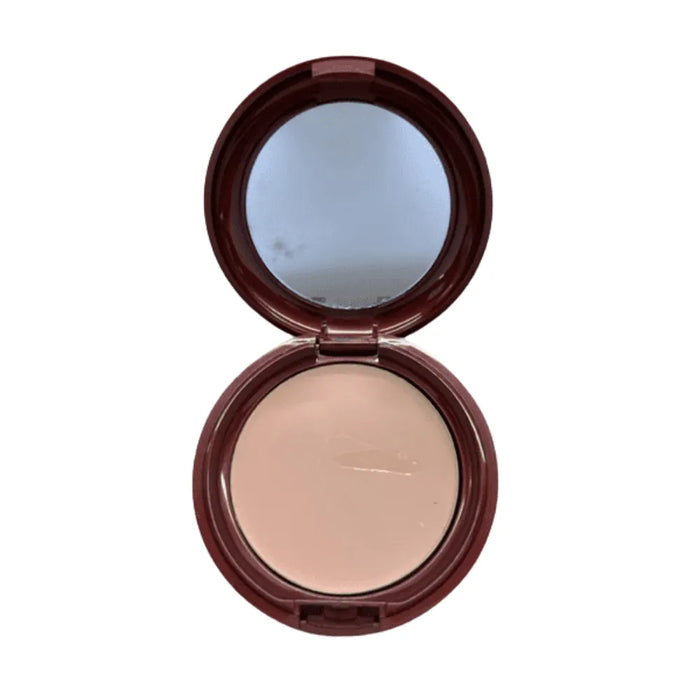 Compact powder in a brown case with mirror on a white background