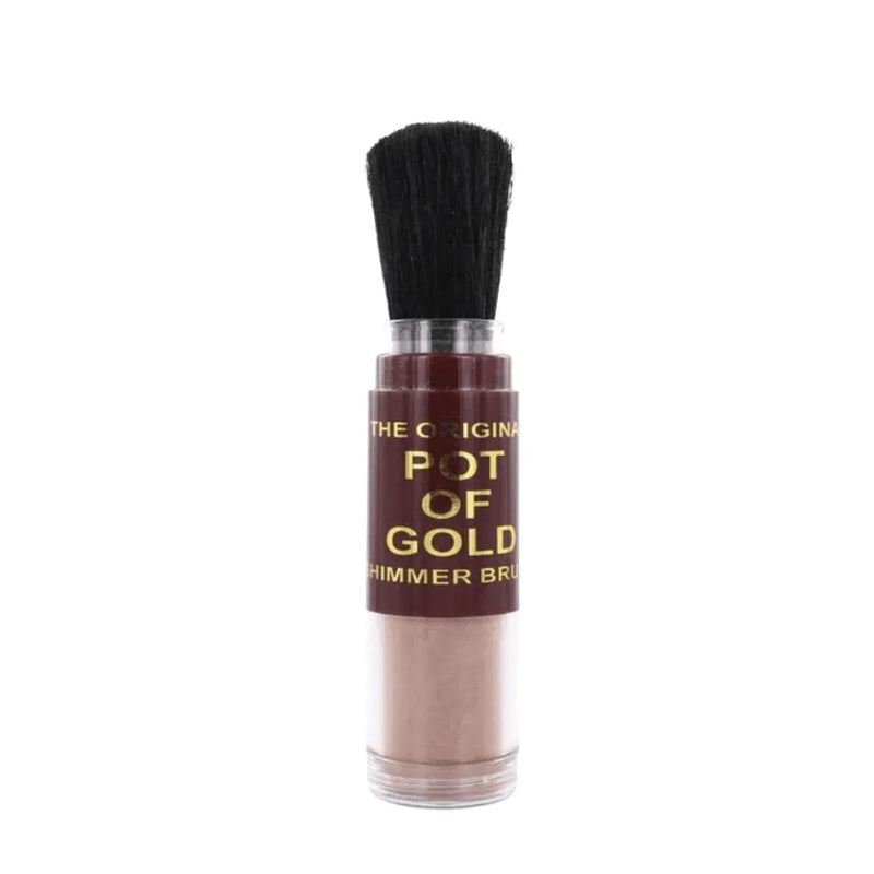 Makeup brush with a container labeled 'The Original Pot of Gold Shimmer Brush' on a white background
