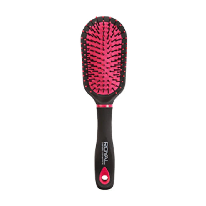 Black and pink hairbrush with 'Royal' branding on a white background