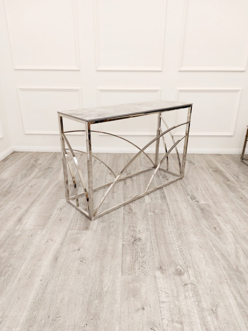 Stella Chrome Console Table with Stomach Ash Grey Sintered Top