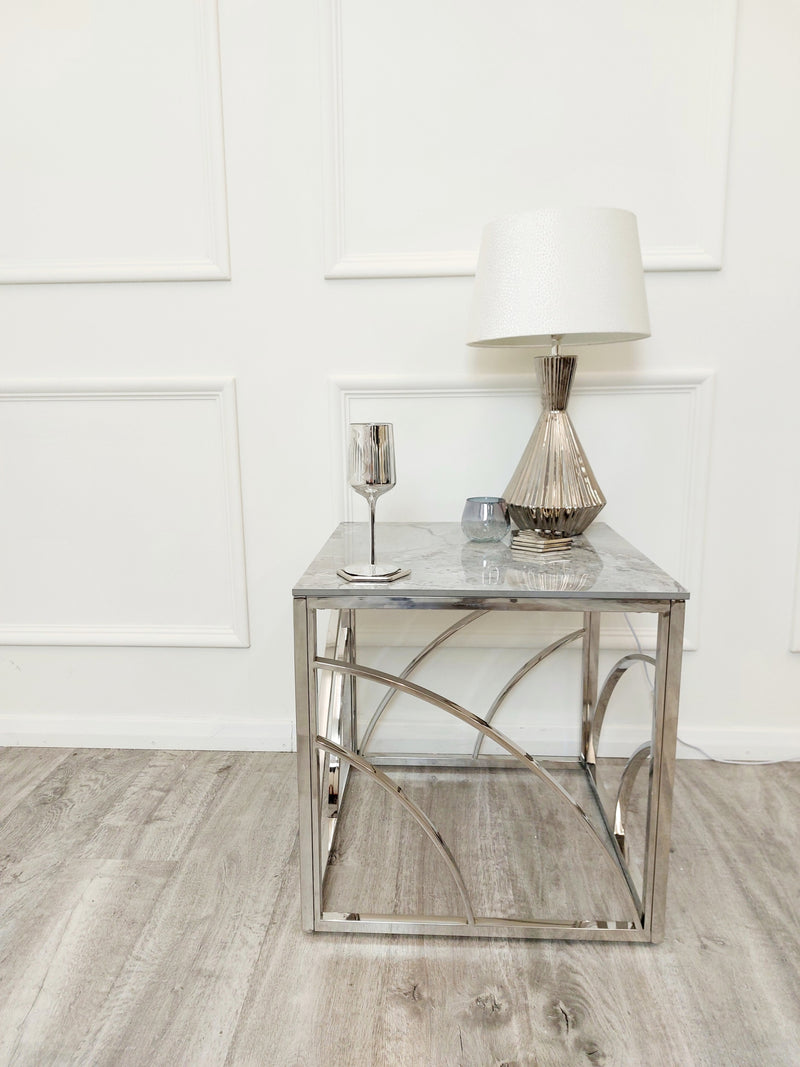 Stella Chrome Lamp Table with Stomach Ash Grey Sintered Top