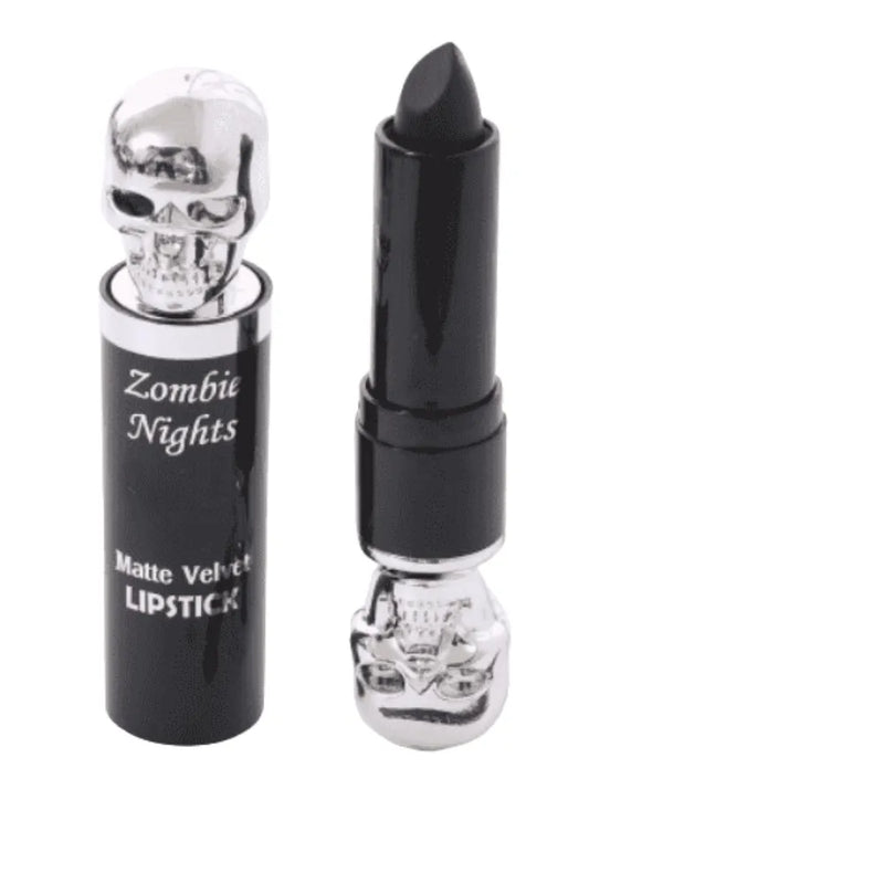Black lipstick with skull design on a white background