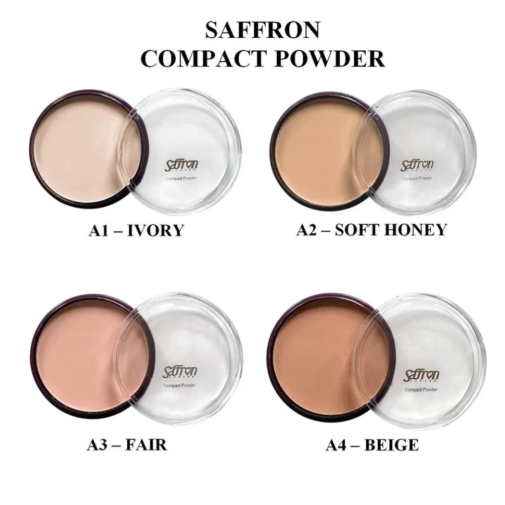 Saffron compact powder in different shades with labels on a white background