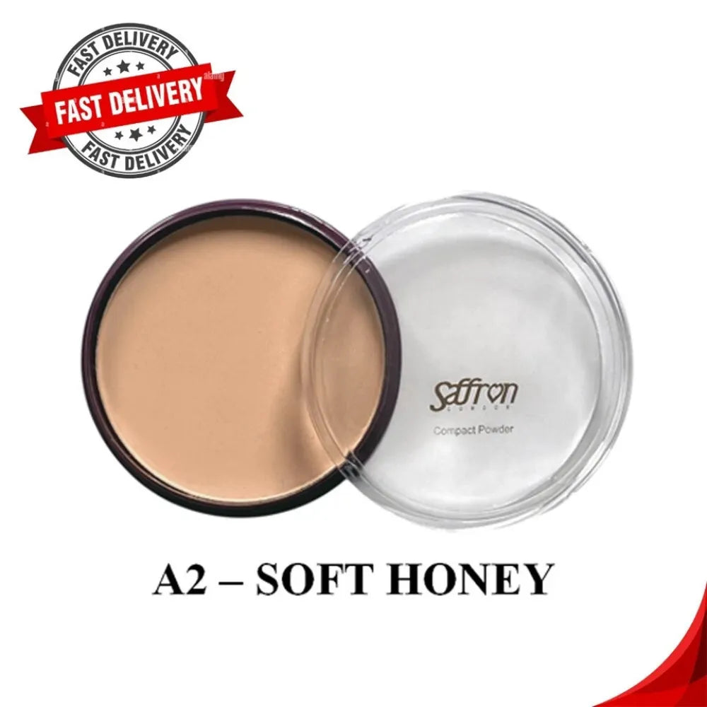 Saffron compact powder in soft honey shade with 'Fast Delivery' badge on white background
