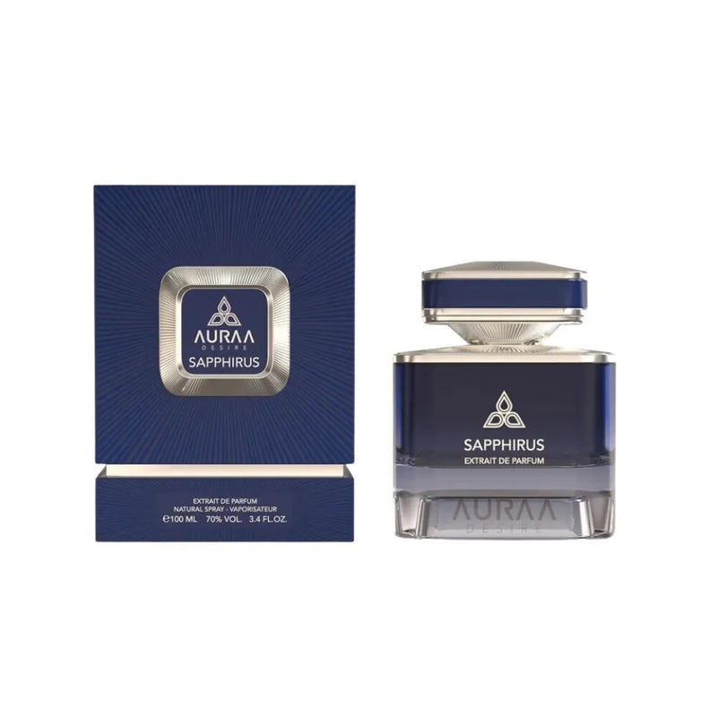 Auraa Saphirus perfume bottle and packaging on a white background