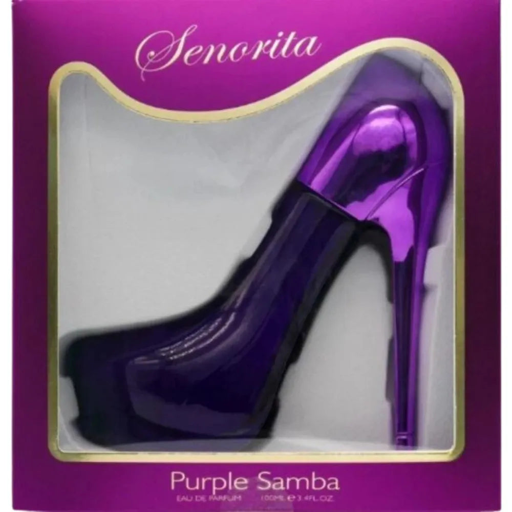 Purple high-heeled shoe in a 'Senorita' box with 'Purple Samba' text.