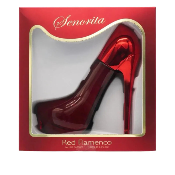 Red high-heeled shoe in a 'Senorita Red Flamenco' perfume box