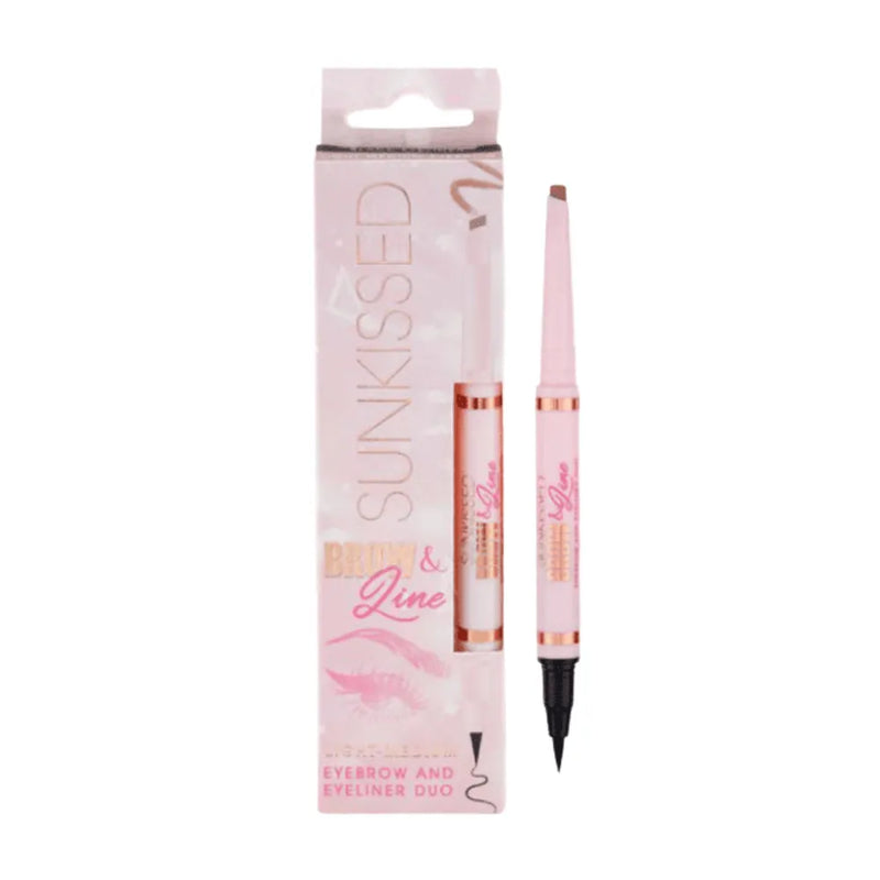 Eyebrow and eyeliner duo with packaging on a white background