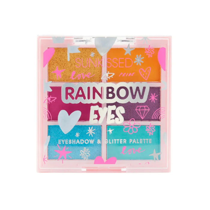 Eyeshadow palette with colorful packaging labeled 'Rainbow Eyes' on a white background