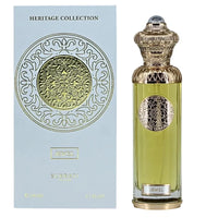 Perfume bottle with decorative cap and matching box labeled 'Heritage Collection' on a white background.