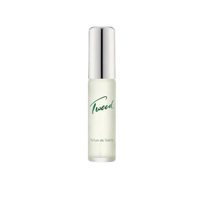 Perfume bottle labeled 'Tweed' with a silver cap on a white background