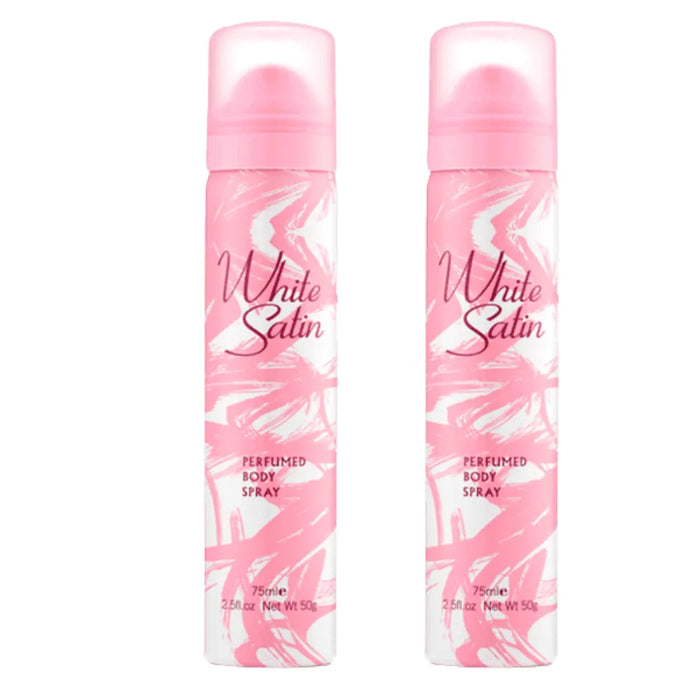 Two White Satin perfumed body spray bottles on a white background