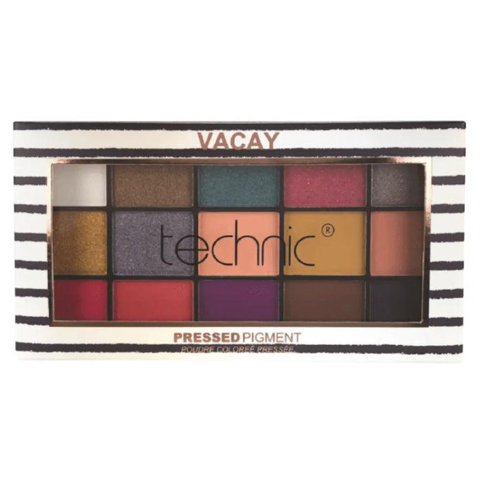 Technic pressed pigment palette with 'Vacay' colorway on a white background