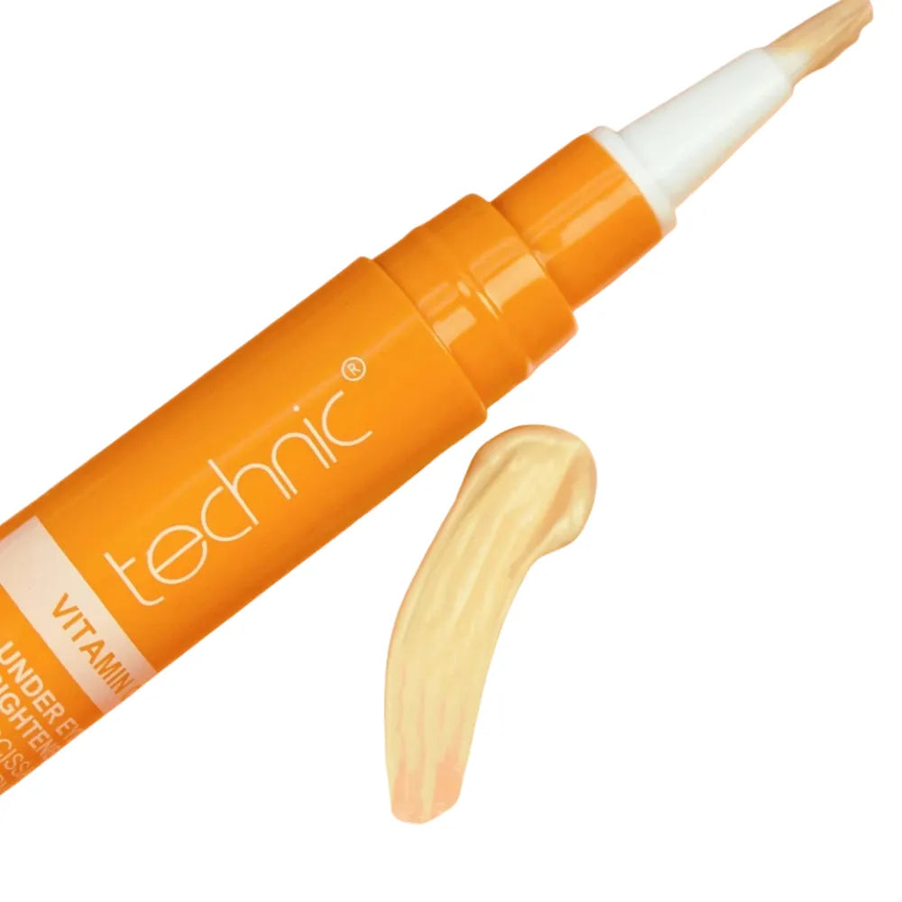 Orange cosmetic pen with white cap and applicator on a white background, featuring the brand 'technic'.