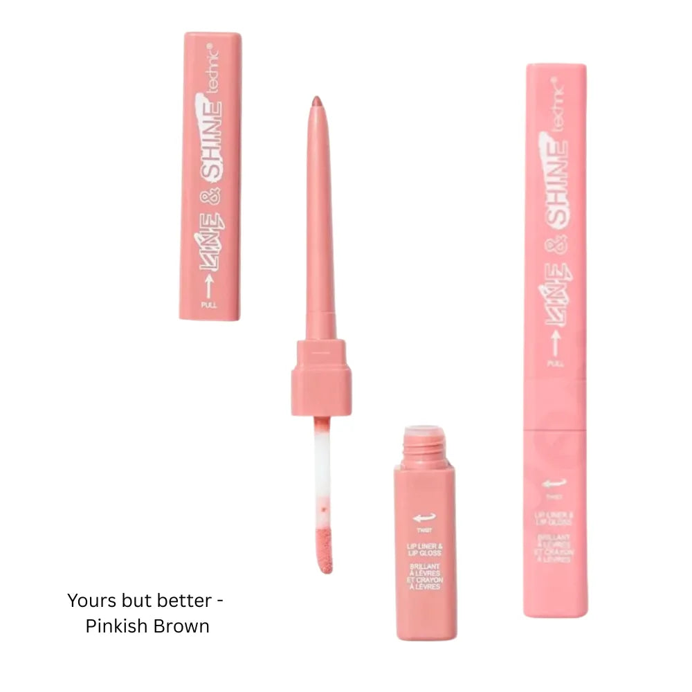 Pink lip liner with applicator and packaging on a white background