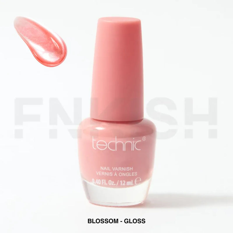 Pink nail polish bottle with a swatch on a white background