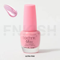 Pink nail polish bottle labeled 'technic' with a white background