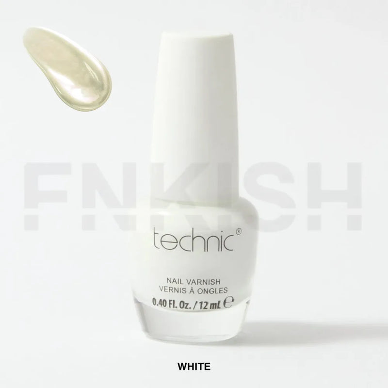 technic nail polish bottle with white polish on a light gray background