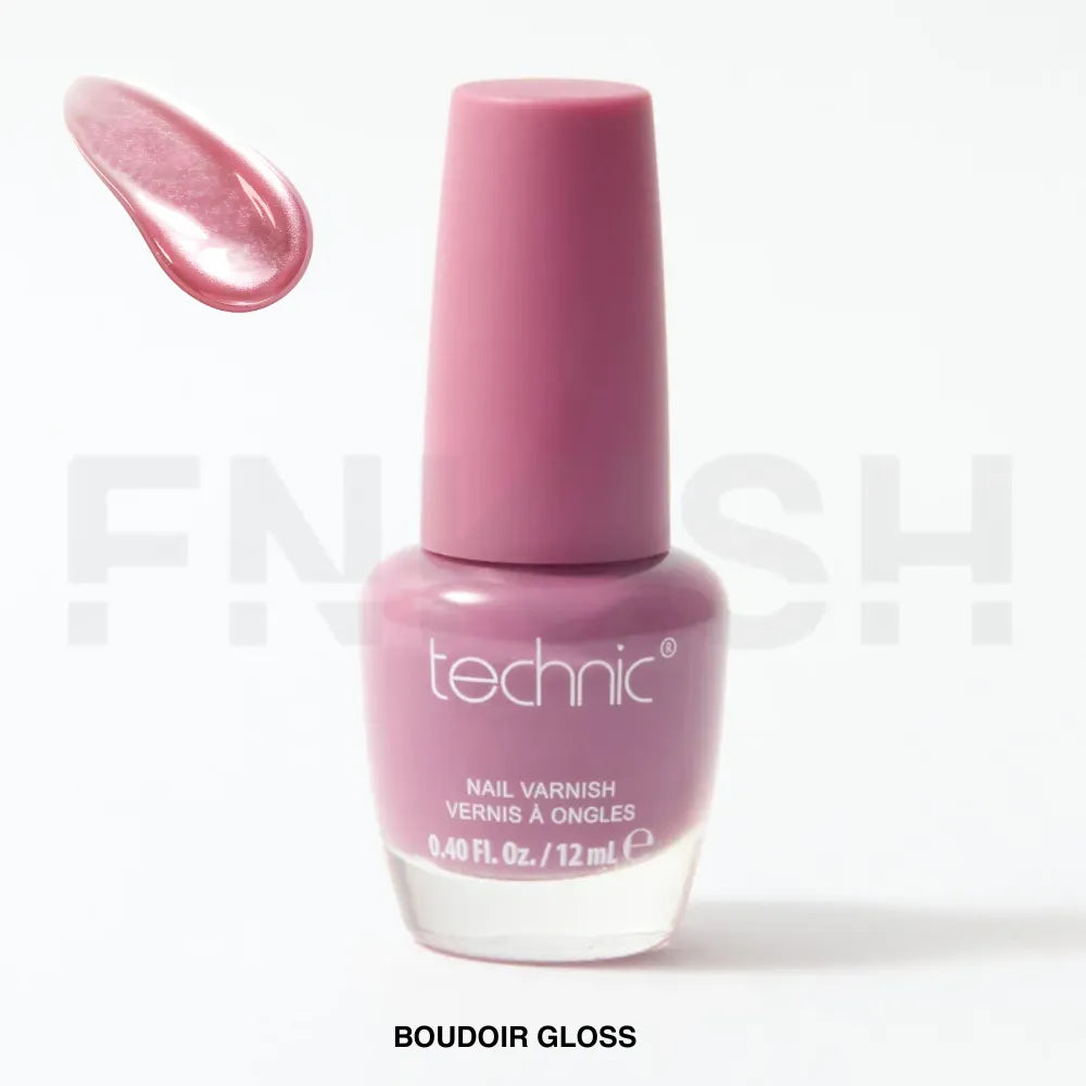 Pink nail polish bottle with a swatch on a white background