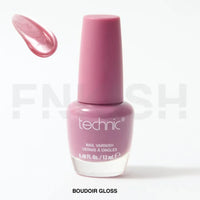 Pink nail polish bottle with a swatch on a white background
