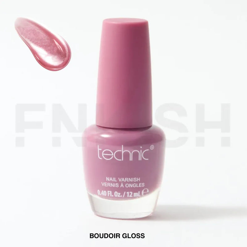 Pink nail polish bottle with a swatch on a white background