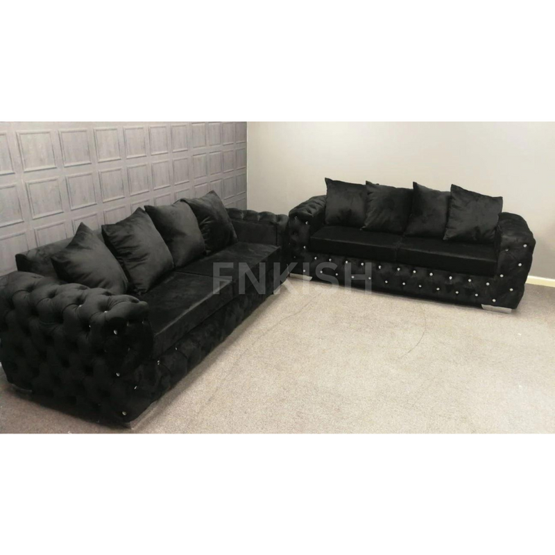 Ashton Chelsea Sofa 3+2 Seater Set Black Plush Velvet