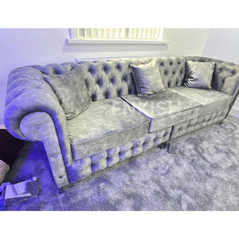New Round Classic Chesterfield Coniston FR Fabric Sofa Large 3 Seater Silver Couch