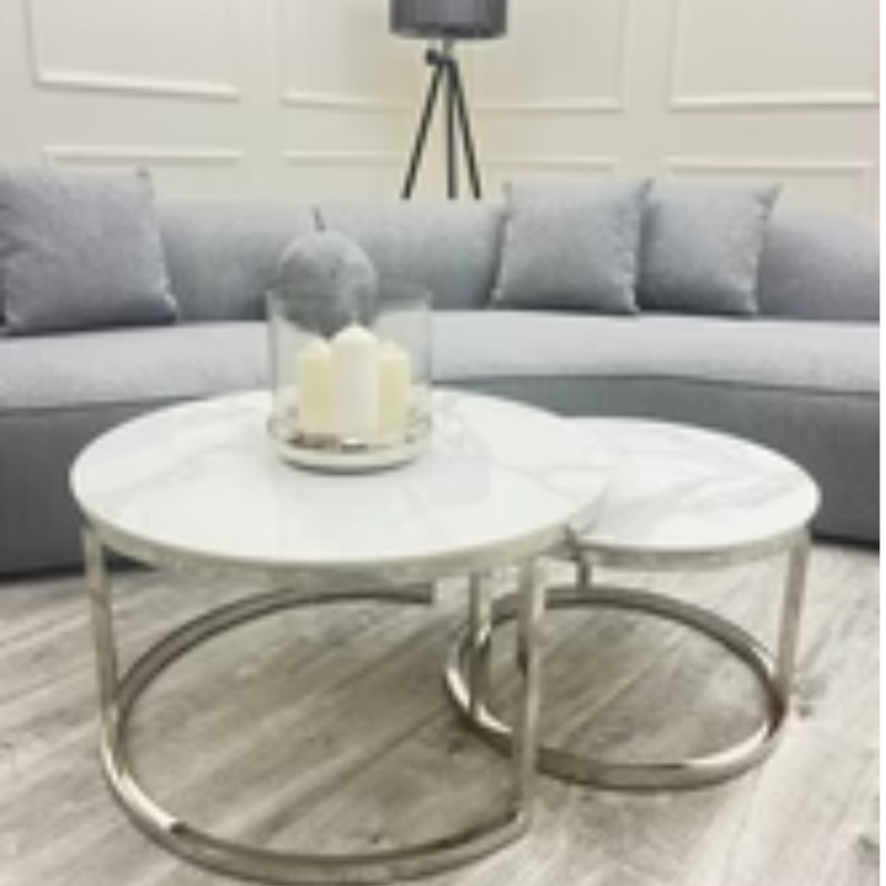 Cato Nest of 2 Short Round Coffee Silver Tables with Polar White Sintered Stone Tops