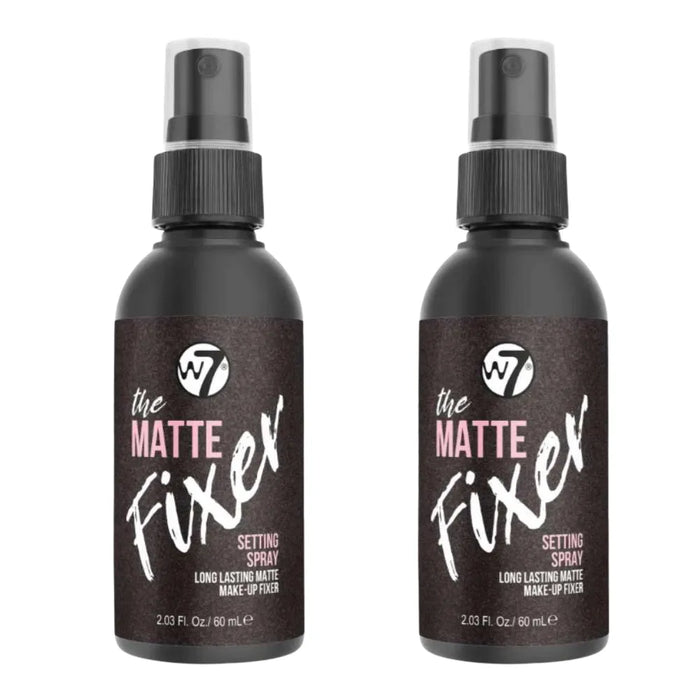 Two bottles of W7 Matte Fixer setting spray on a white background