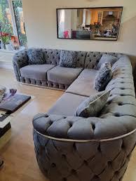 New Khalifa Chesterfield 5 Seater Corner Sofa Deep Button Round Couch In Plush Grey