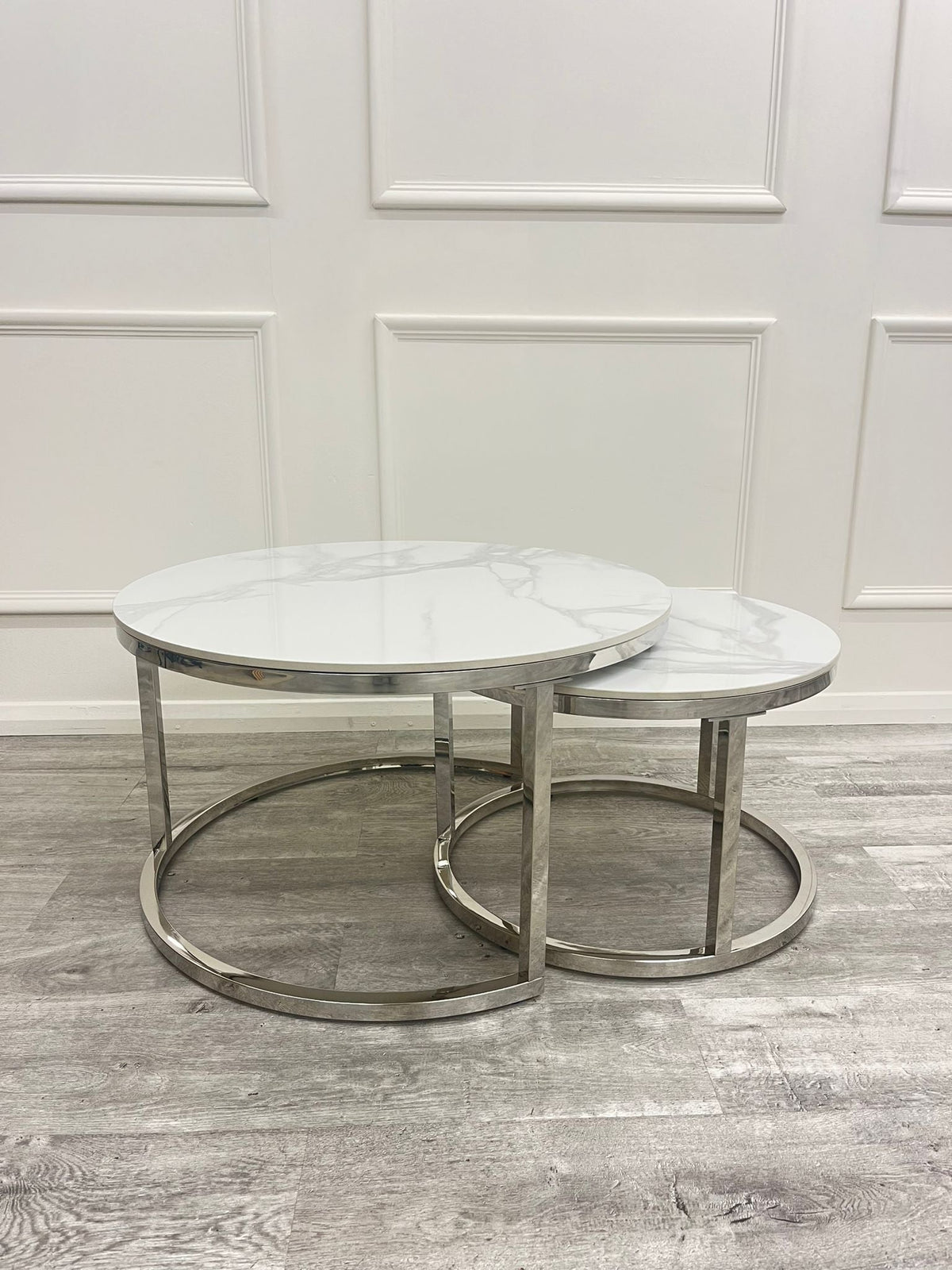 Cato Nest of 2 Short Round Coffee Silver Tables with Polar White Sintered Stone Tops