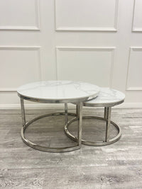 Cato Nest of 2 Short Round Coffee Silver Tables with Polar White Sintered Stone Tops