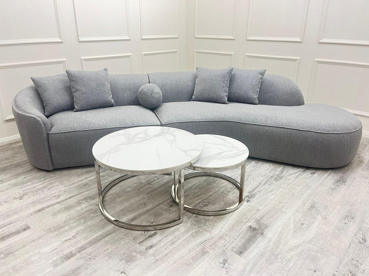 Cato Nest of 2 Short Round Coffee Silver Tables with Polar White Sintered Stone Tops