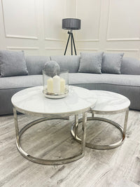 Cato Nest of 2 Short Round Coffee Silver Tables with Polar White Sintered Stone Tops