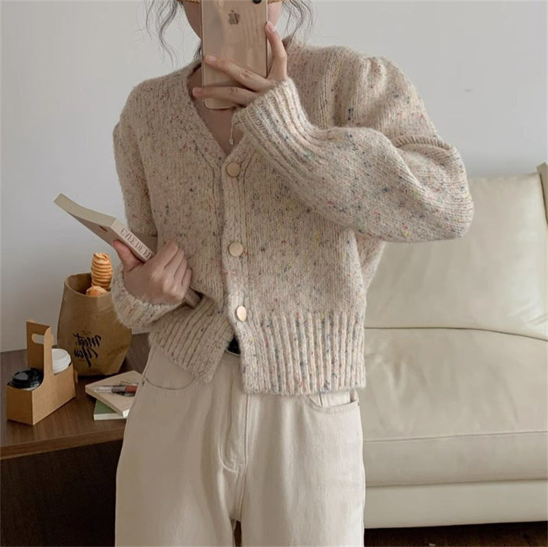 Women's Mixed Color Dot V-neck Short Knitted Cardigan Sweater