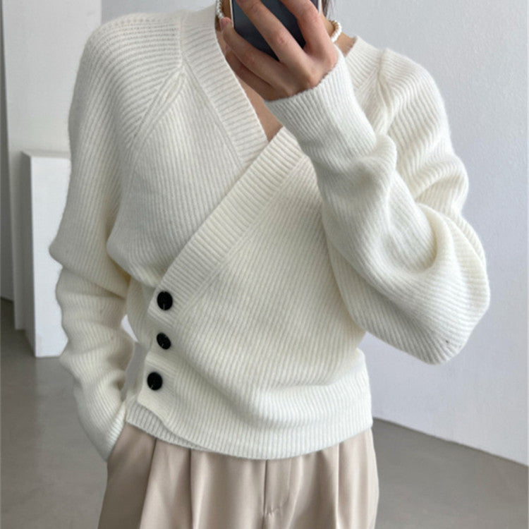 Irregular Short Knit Long Sleeve Bevel Button V Neck Top