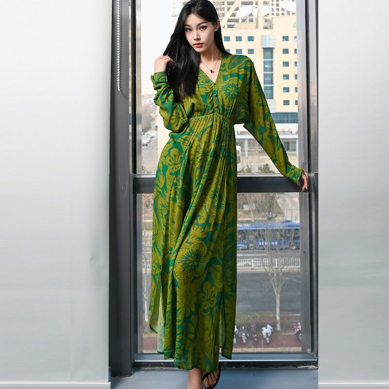 Pattern Printed V-neck Long Sleeve Long Dress Casual And Comfortable