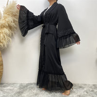 Black Flower Embroidered Lace Up Muslim Cardigan Robe