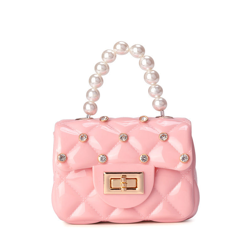 Children's Jelly Bag Rhombic Chain Pearl Handbag