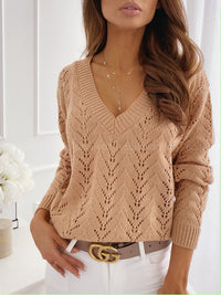 European And American Style Solid Color Mocha Hollow Out V-neck Knitwear Sweater