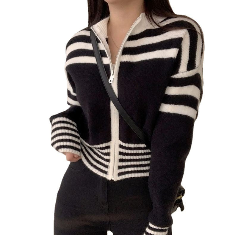 Spring And Autumn Retro Contrast Color Zipper Stand-up Collar Cinched Cropped Sweater Coat