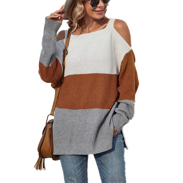 Contrast Color Off-the-shoulder Split Sling Sweater