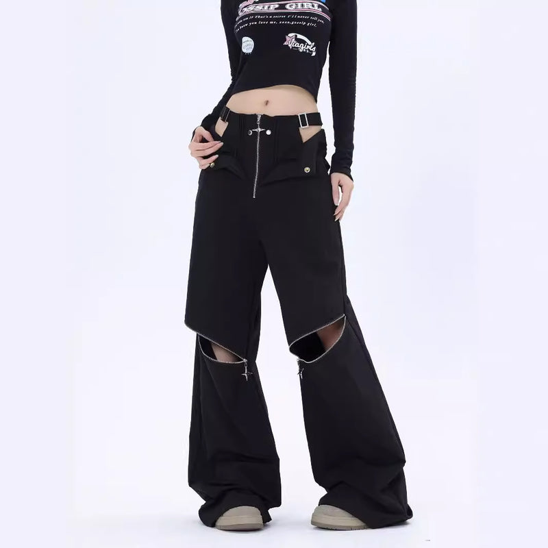 American Hot Girl Black Cargo Pants Female Y2g Harajuku Style High Street Zipper Design Sense