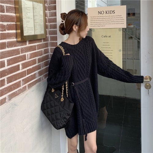 Women's Loose Twist Belt Long-sleeved Mid-length Sweater